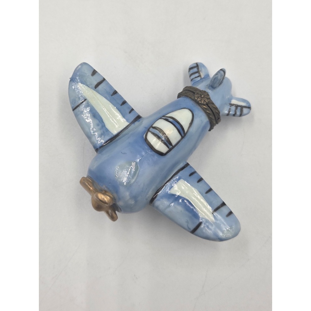 Vintage Airplane Pill Trinket Box Ceramic Aviation Keepsake Clasp Blue White